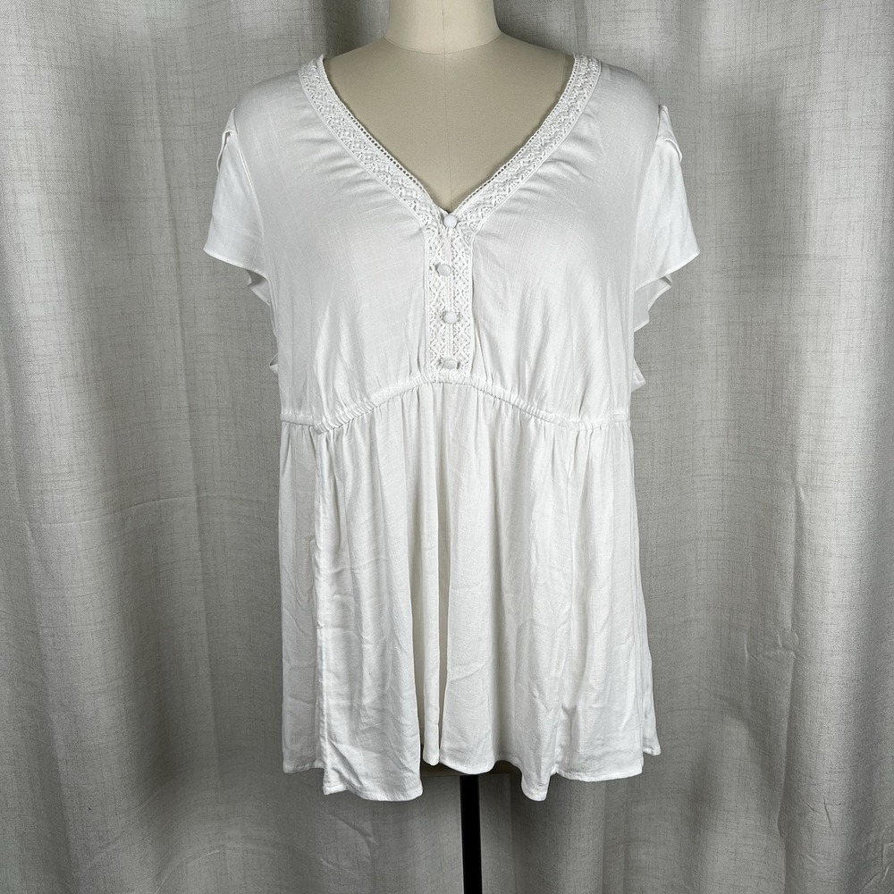 NEW! Torrid Rayon Slub Tulip Babydoll Short Flutter Sleeve White 2X Top Blouse